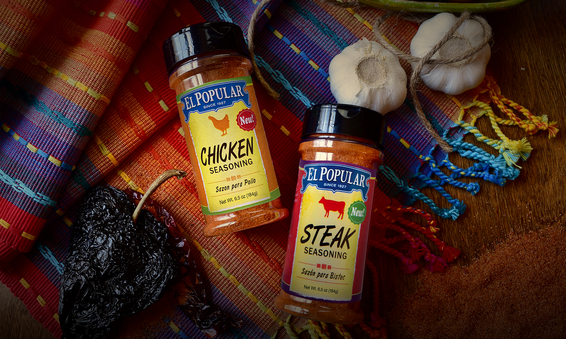 El Popular Chicken and Steak Seasonings and Spices on the table